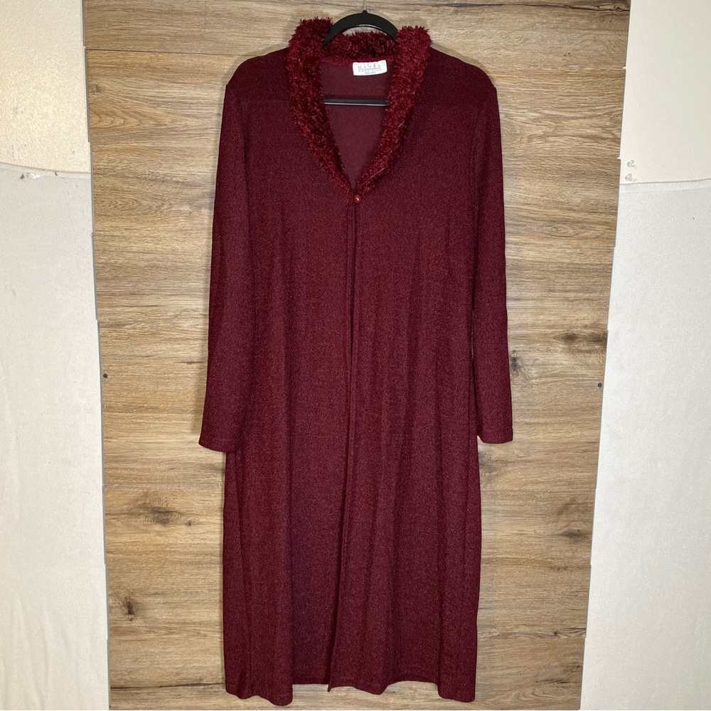 Maria Gabrielle Burgundy XL Duster Cardigan Faux Fur Collar Open Front Old Money